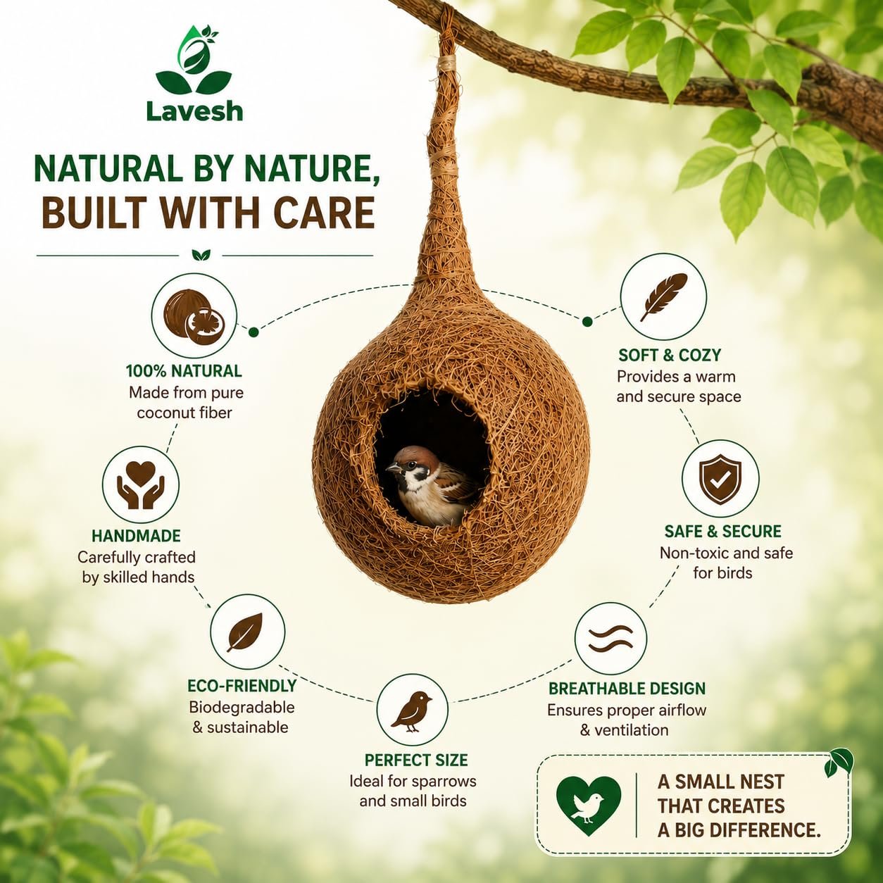 Lavesh Handmade Coir Bird House for Sparrows - Image 2