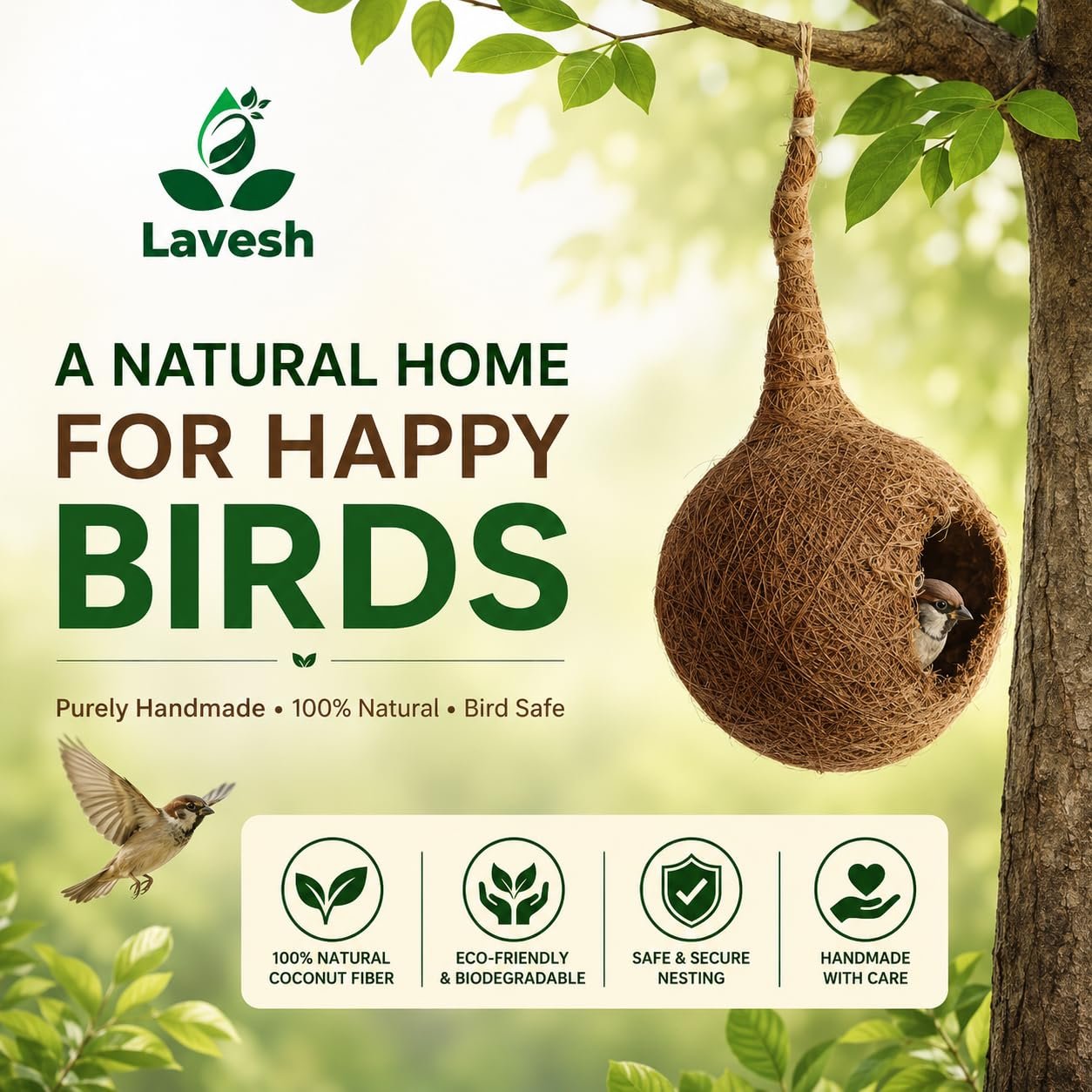 Lavesh Handmade Coir Bird House for Sparrows - Image 3